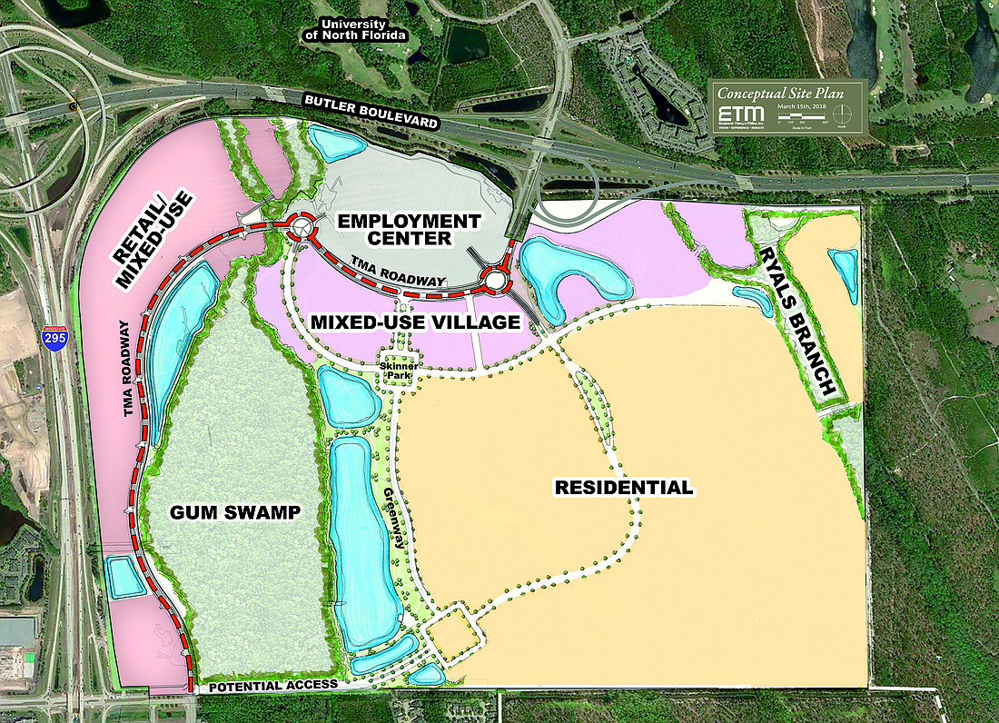 England-Thims & Miller Inc. provided a conceptual site plan for more than 1,000 acres at southeast Butler Boulevard and Interstate 295 owned by the Skinner family.