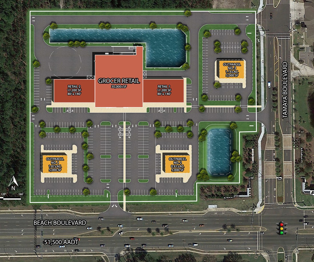 The conceptual site plan for the Tamaya shopping center shows a 30,000 square foot grocery store and three 5,000-square-foot outparcel buildings.