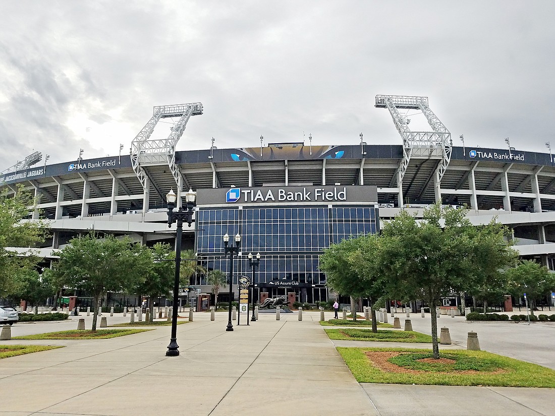 TIAA Bank Field is the home of the Jacksonville Jaguars, with the stadiumâ€™s EverBank signs replaced.