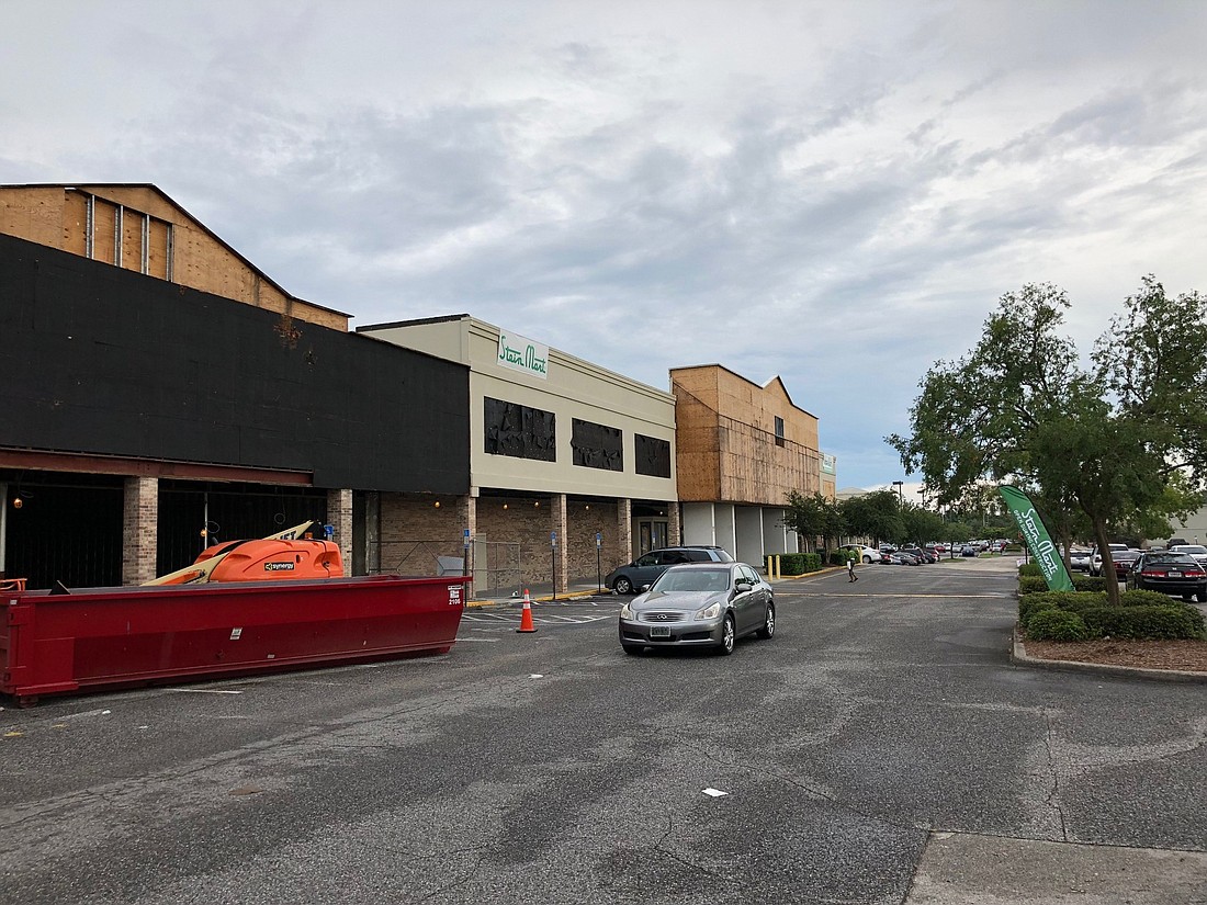 The exterior of Building B at Roosevelt Square is under renovation. It is anchored by Stein Mart and is gaining an Ulta Beauty store, under construction at left. Stein Mart is at the right.