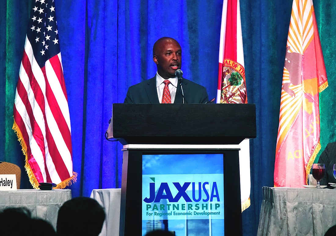 UF Health CEO Leon Haley Jr. speaks at the JAXUSA Partnership quarterly luncheon Tuesday.