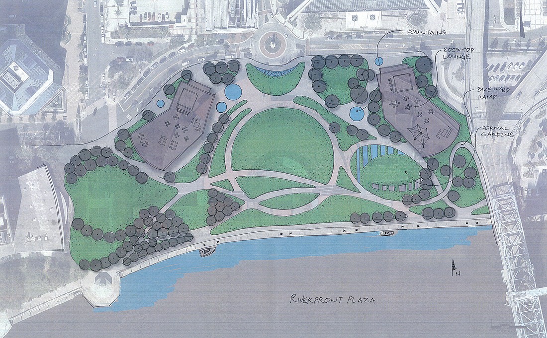 A rendering from the city Parks and Recreation Department show greenspace and pedestrian paths where the Jacksonville Landing stands today.