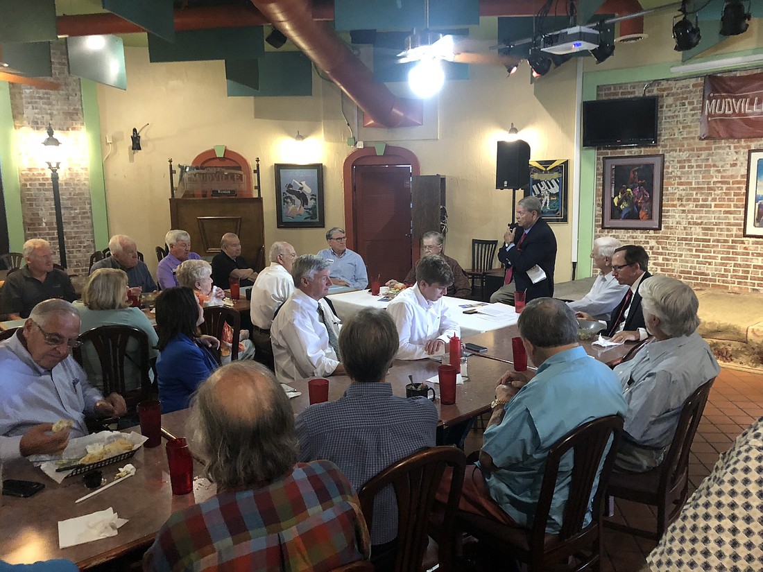 Former Jacksonville Mayor Jake Godbold speaks Tuesday to the Former Council Presidents club at The Mudville Grill in St. Nicholas.