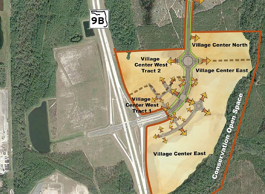The eTown Village Center conceptual site plan. A rezoning application shows commercial, multifamily residential and other uses.