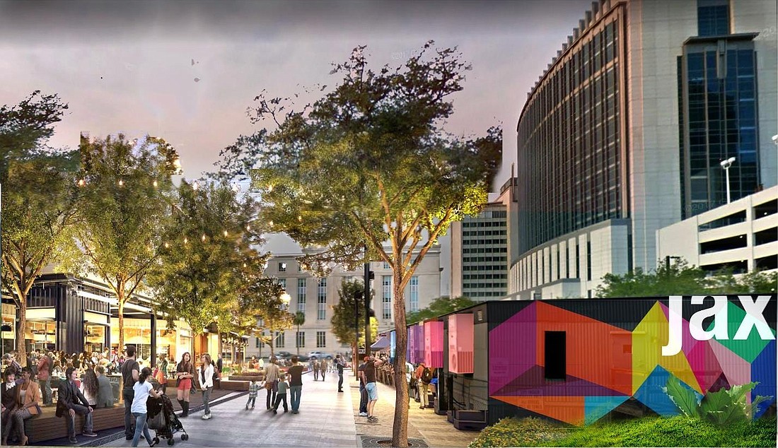 An artistâ€™s rendering of La Rue des Arts, a multicultural arts center, incubator and public space proposed for 337 W. Adams St. near the Duval County Courthouse.