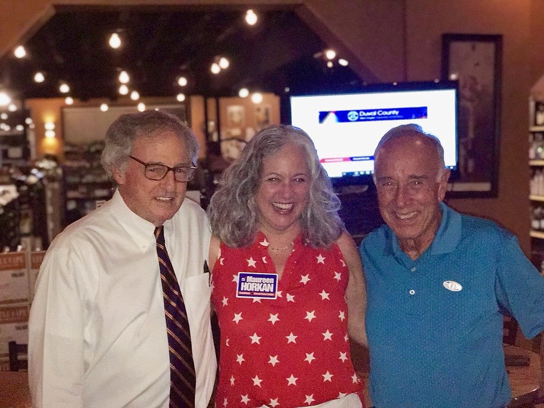 Attorney Hank Coxe, Circuit Judge-elect Maureen Horkan and former State Attorney Harry Shorstein at Horkanâ€™s election returns watch party.