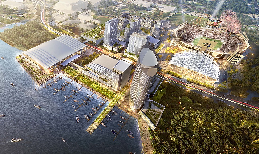 An artist&#39;s rendering of plans for the Shipyards next to TIAA Bank Field.