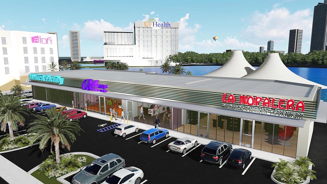 La Nopalera is shown as a tenant in a rendering of a shopping center called River City Market Place planned at 725 Skymarks Drive.