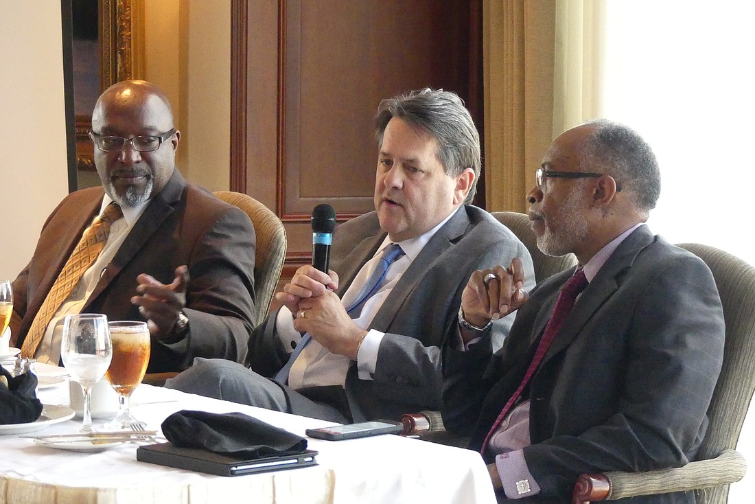 From left, attorneys Dexter Van Davis, Charles McBurney and A. Wellington Barlow participated in a panel discussion about the judicial appointment process presented by the D.W. Perkins Bar Association.