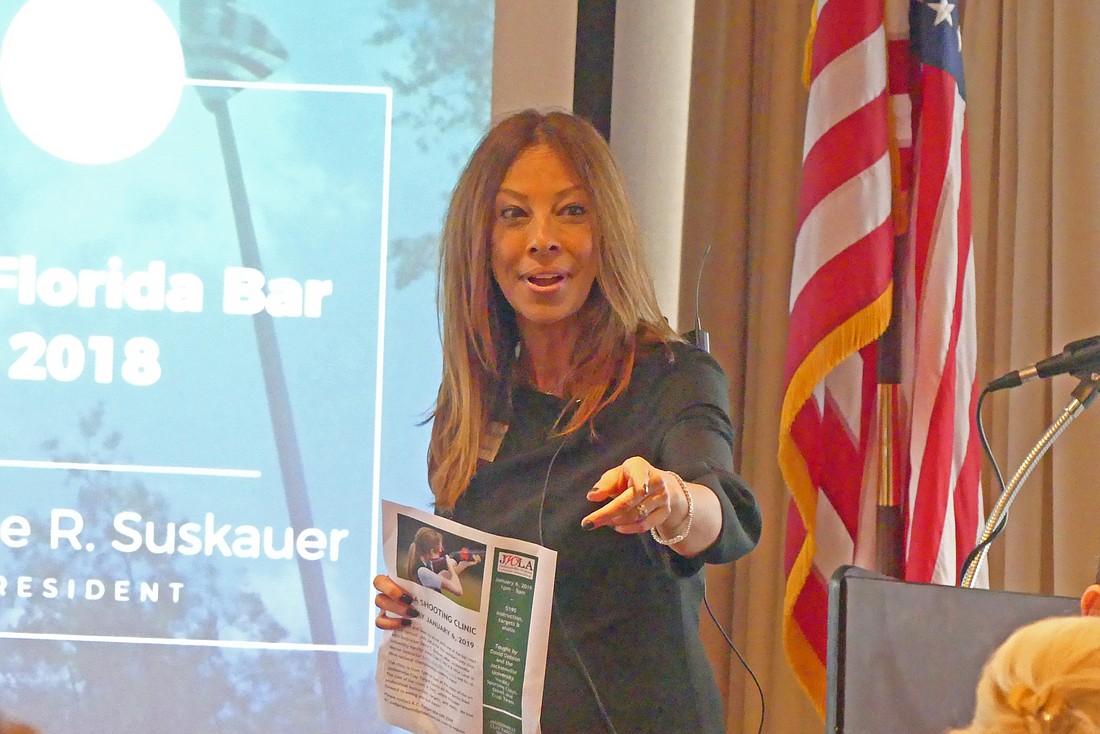 The Florida Bar President Michelle Suskauer addressed members and guests of the Jacksonville Women Lawyers Association on Wednesday at The River Club.