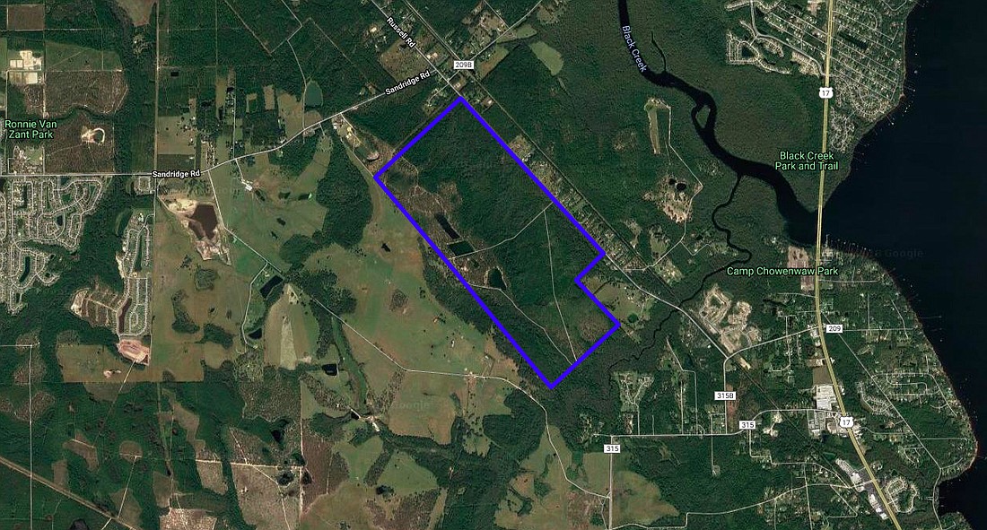 The screenshot shows the boundaries of the second phase of the Cross Creek community in Clay County, near the intersection of Sandridge and Russell roads in Green Cove Springs.