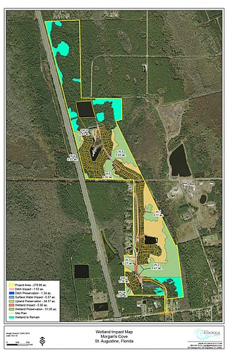 This wetland impact map included with the Army Corps of Engineers report on the Morgan&#39;s Cove project in central St. Johns County shows the boundaries of the property starting at CR 214 and running adjacent to I-95.