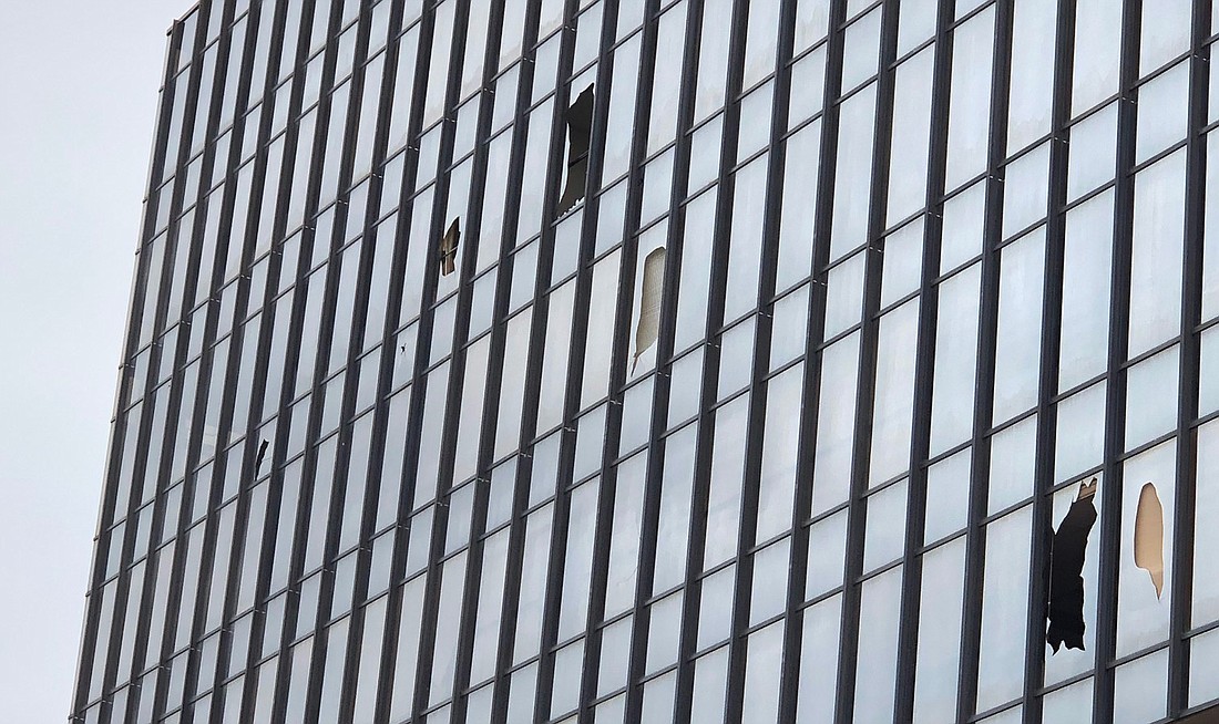 Windows in the Blackstone Building were shattered by the implosion. (Photo David Cawton)