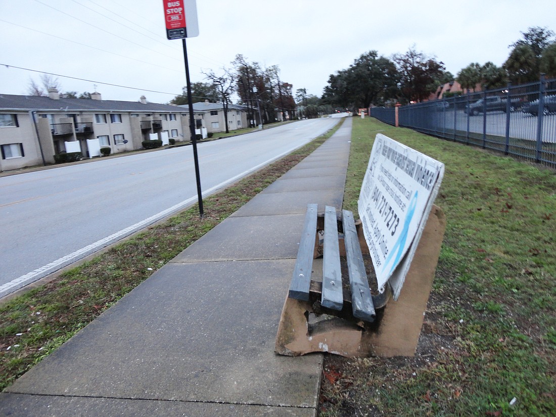 This is one of about 1,200 benches at bus stops in Duval County that are donated to the community by the Jacksonville Jaycees.