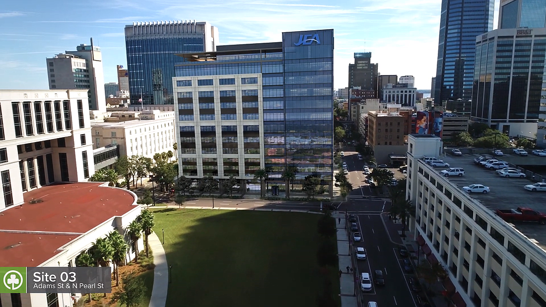 Ryan Companies US Inc. proposes to keep JEA Downtown, moving it to a vacant, city-owned parcel at Adams and Pearl streets near the Duval County Courthouse.