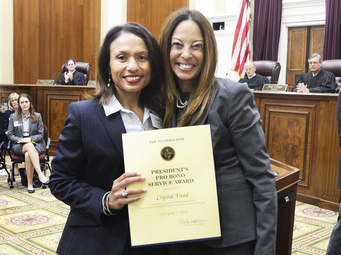 Crystal Freed, left, and The Florida Bar President Michelle Suskauer. Freed is the 4th Judicial Circuitâ€™s recipient of The Florida Bar Presidentâ€™s Pro Bono Service Award for 2019.