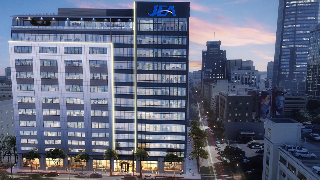 A rendering of a new JEA HQ. The estimated $72.2 million development comprises a nine-story, 207,810-square-foot tower.