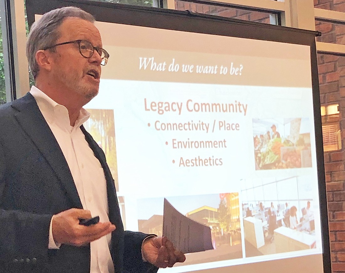 Rogers Towers land use lawyer T.R. Hainline presented information Monday night at a public workshop hosted by City Council member Danny Becton about the proposed Southeast Quadrant planned unit development.