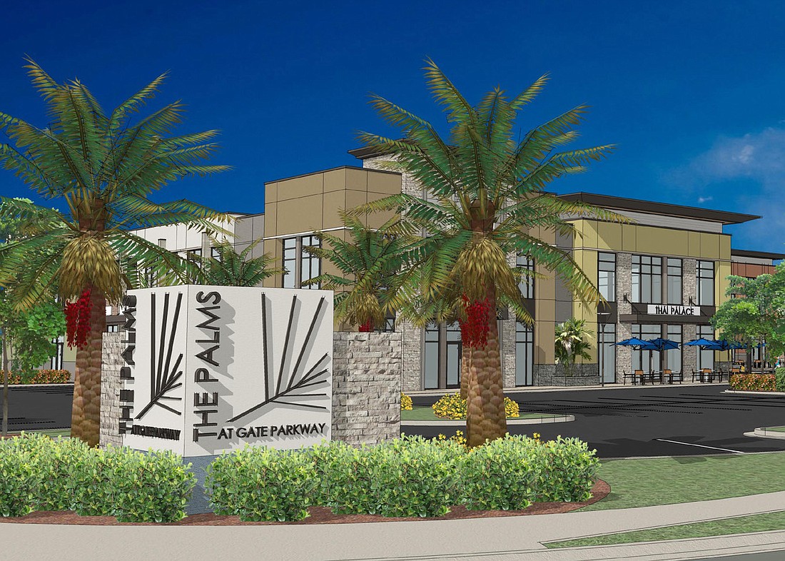 A rendering of the proposed The Palms at Gate Parkway, an office-retail and self-storage center.