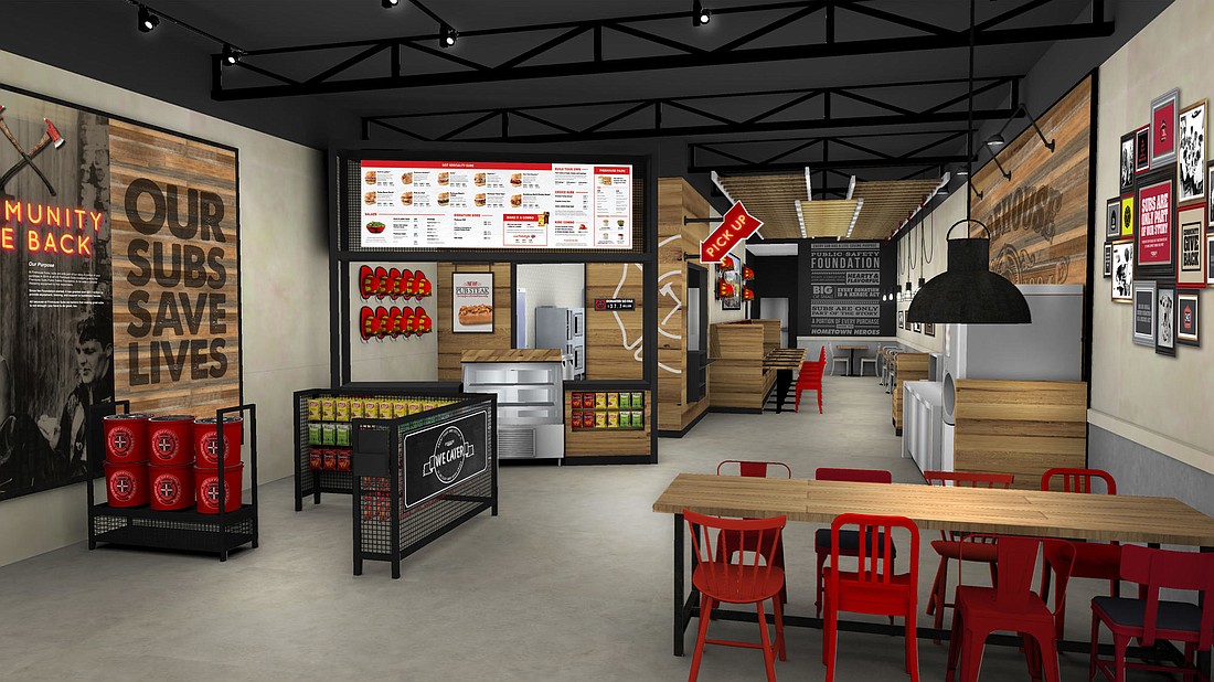 An artistâ€™s rendering of the new Firehouse Subs restaurant planned at The Pavilion at Durbin Park. Firehouse partnered with design firm Big Red Rooster on the prototype.