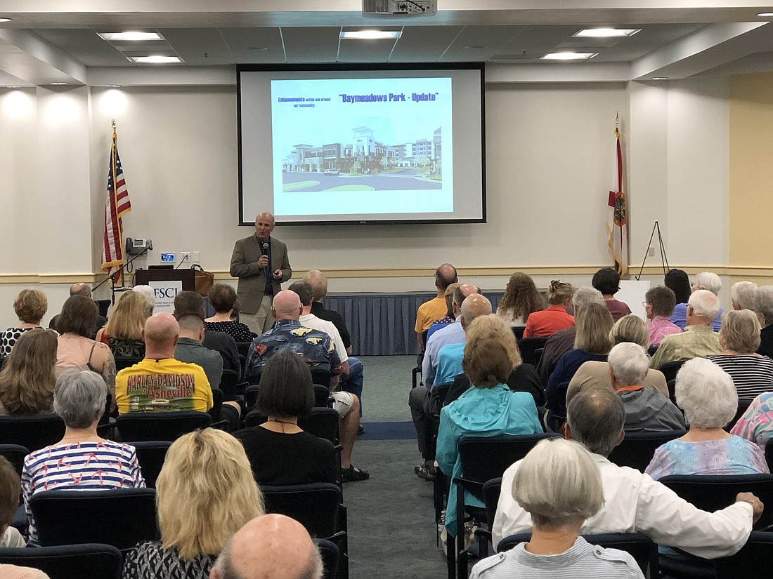 City Council member Danny Becton presented the plan for a Baymeadows Community Improvement District at a town hall meeting Wednesday.