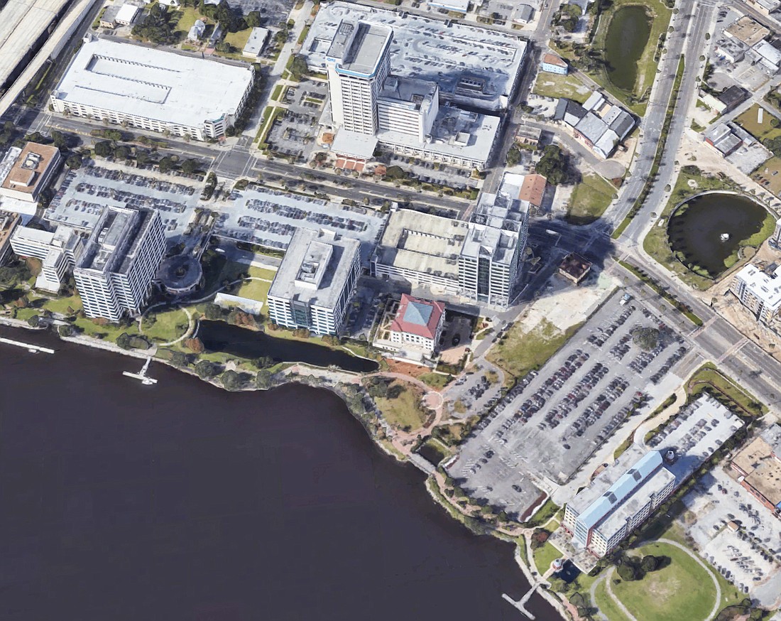The Florida Blue parking lot along the St. Johns River in Riverside. To its left is the Fidelity campus.
