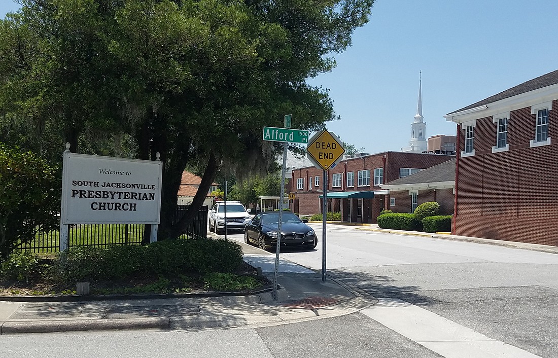 The rear campus of the South Jacksonville Presbyterian Church at Alford Place and Thacker Avenue in San Marco.
