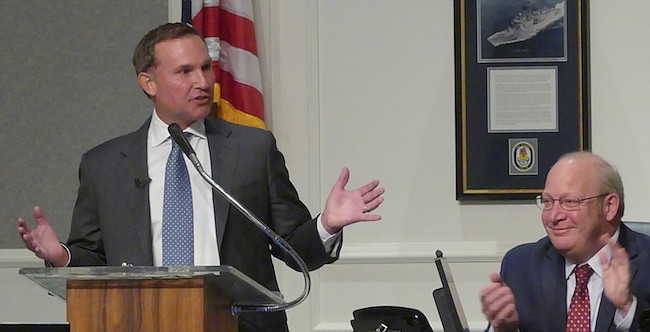 Mayor Lenny Curry, left, delivers his 2019-20 budget speech Monday morning as City Council President Scott Wilson applauds.