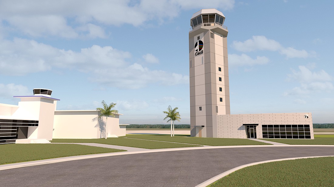 A rendering of the the Cecil Airport air traffic control tower and spaceport operations center.