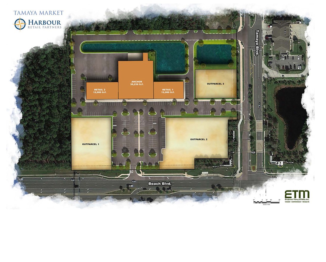 A Tamaya Market site plan shows that Sprouts will be flanked by retail shops. Three outparcels also are available at the Beach and Tamaya boulevard shopping center.