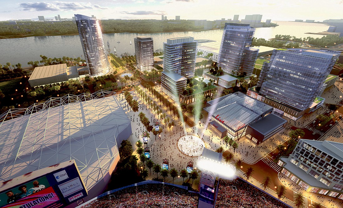 An artistâ€™s rendering of the Lot J project shows several buildings on the site of Metropolitan Park.