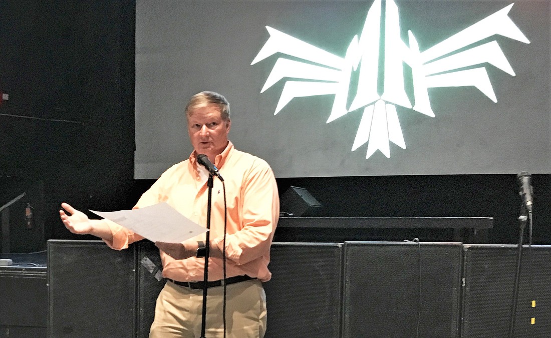 Attorney Steve Diebenow, who represents Vestcor, goes over a site plan for a proposed multifamily residential project on Edgewood Avenue in a meeting at the Murray Hill Theater on Thursday night.