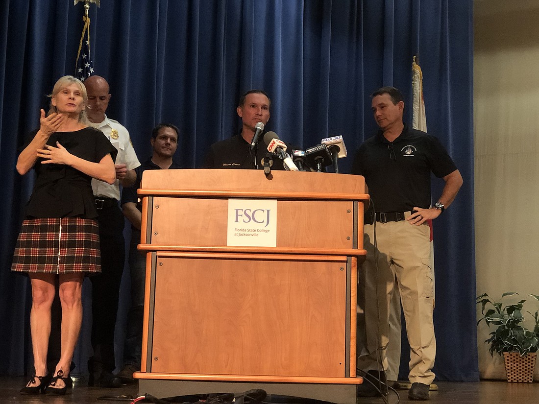 Mayor Lenny Curry warns residents of the approaching Hurricane Dorian at a news conference Tuesday.