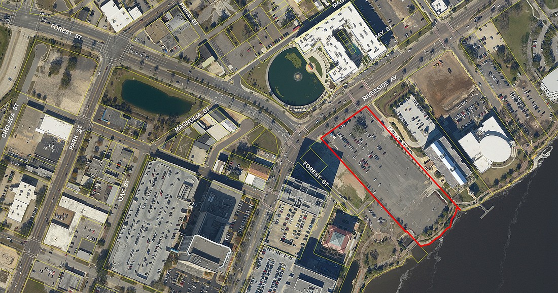 This aerial photograph included in DIA documentation shows the Florida Blueâ€™s riverfront parking lot at 323 Riverside Ave. as the intended site for Sharpâ€™s proposed headquarters.