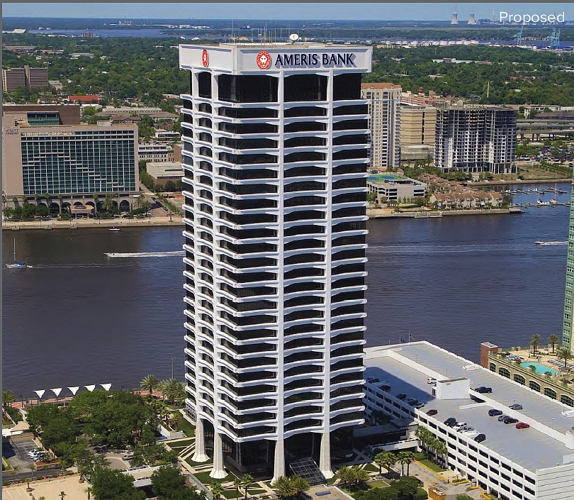 Ameris wants to put signs on all four sides of the 28-story riverfront tower it anchors at 1301 Riverplace Blvd.