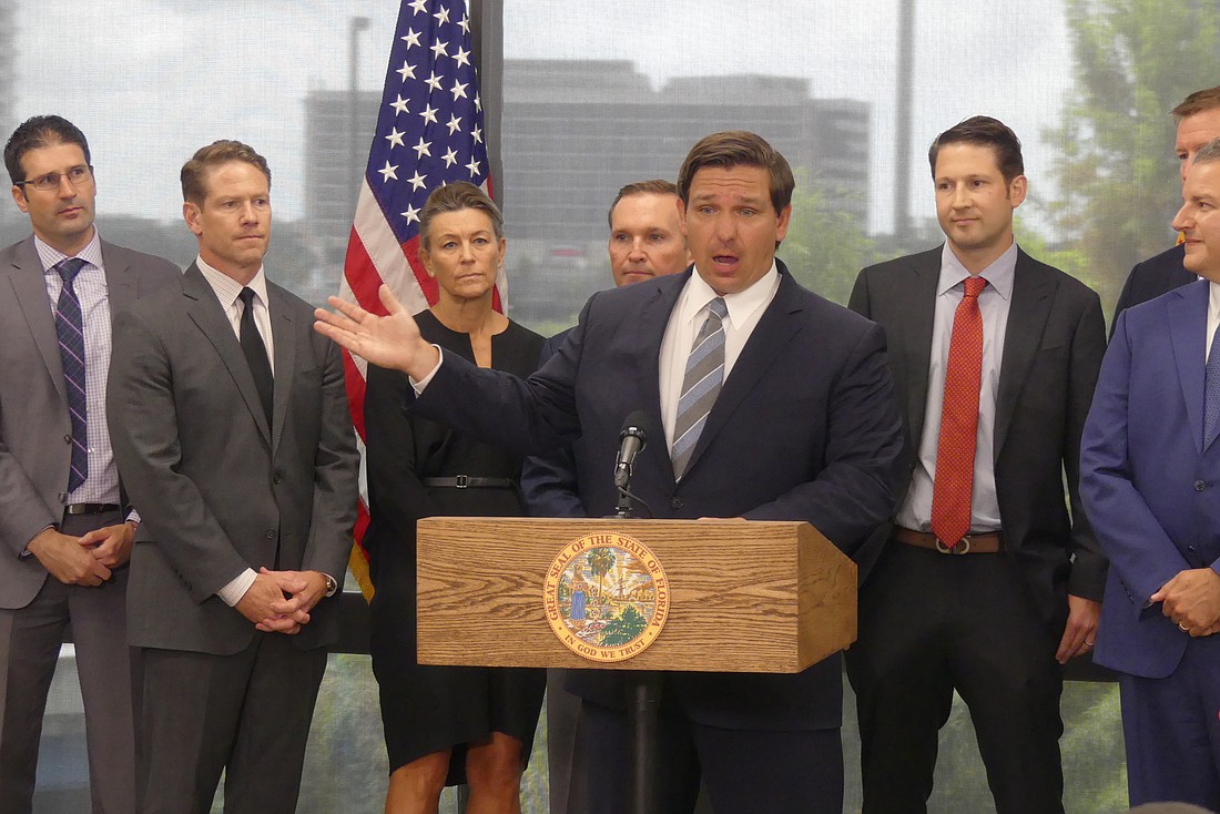 Florida Gov. Ron DeSantis announces the fintech proposal at a news conference at the JAX Chamber headquarters in Downtown Jacksonville.