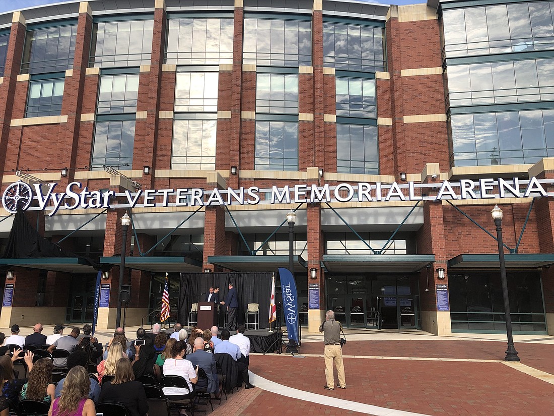 The new sign for VyStar Veterans Memorial Arena was unveiled in a ceremony Tuesday.