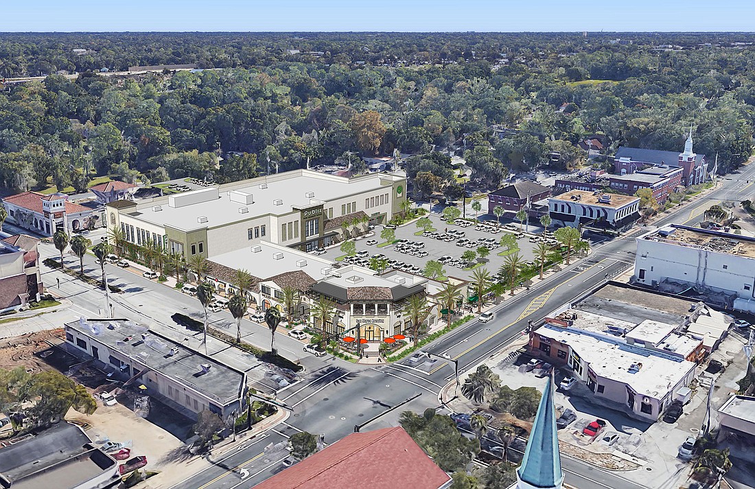 An artistâ€™s rendering of the Publix-anchored East San Marco shopping center planned for Atlantic Boulevard at Hendricks Avenue shows a two-story grocery store.