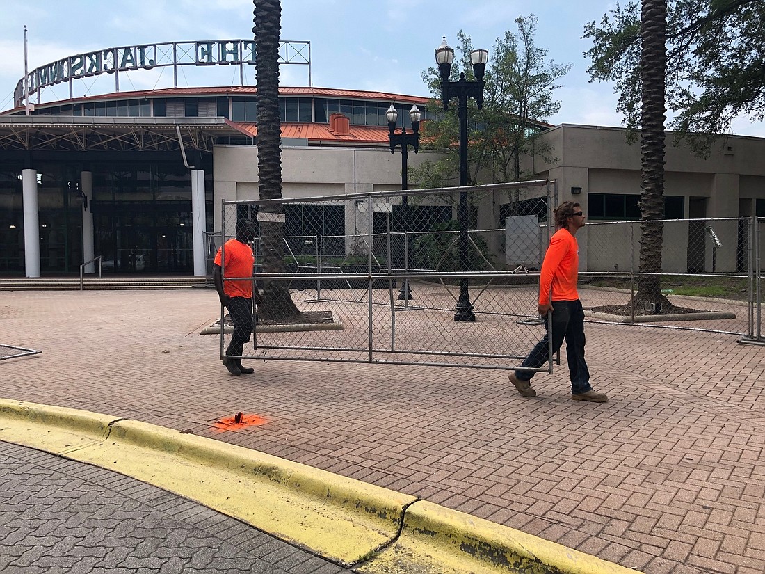 Site work at The Jacksonville Landing began Aug. 8 when workers for D.H. Griffin installed fencing around the job site