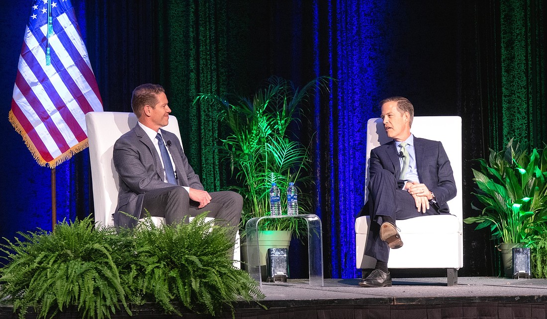 JAX Chamber President and CEO Daniel Davis interviews Fidelity National Information Services CEO Gary Norcross at the quarterly JAXUSA Partnership luncheon at the Hyatt Regency Jacksonville Riverfront.