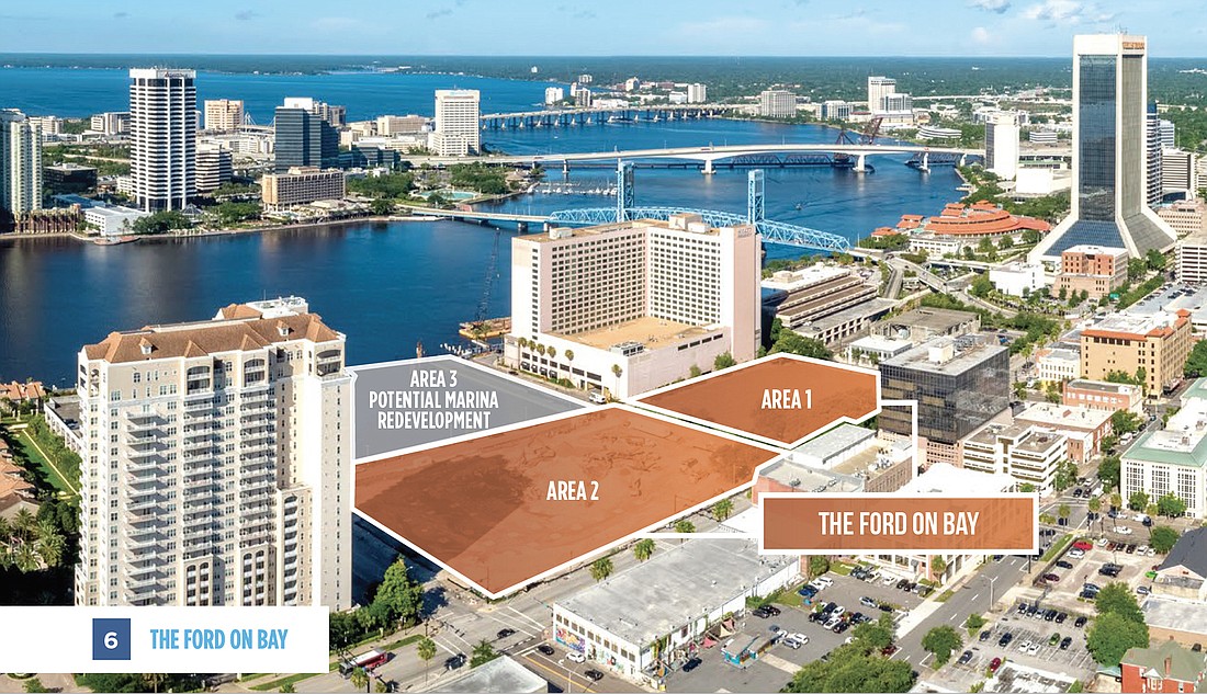 The Ford on Bay comprises three parcels along the St. Johns River. Area 1 is the former City Hall, Area 2 is the former Duval County Courthouse and Area 3 is a potential marina.