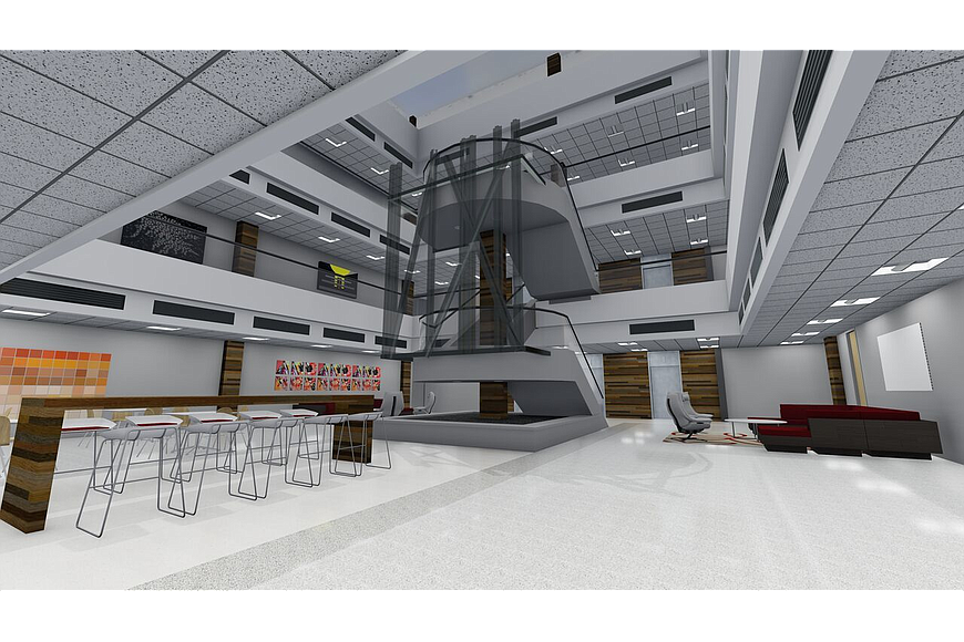 A rendering of renovations for the atrium at the Innovation Park building at 6737 Southpoint Drive S.