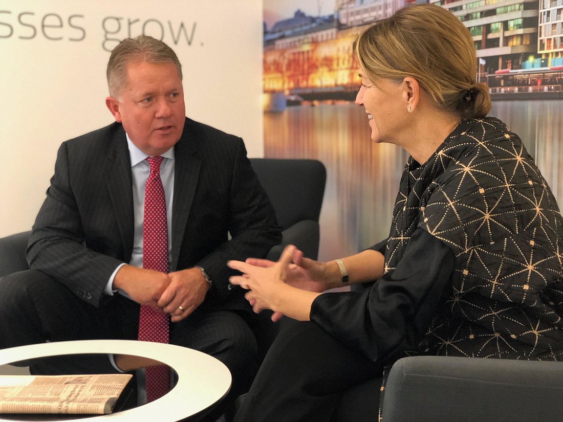Attorney and 2021 JAX Chamber board of governors Chair-elect Ray Driver met Monday with 2019 board Chair Debbie Buckland in London during a break between meetings.
