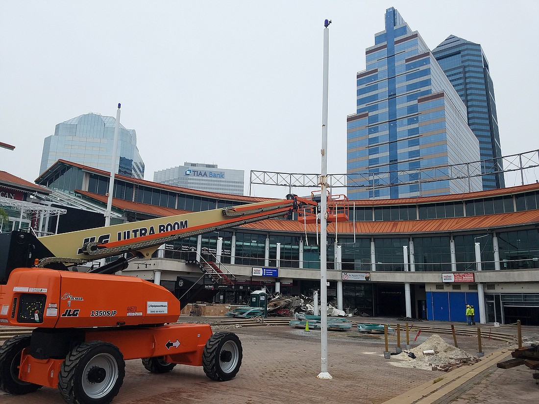 "The Jacksonville Landing" letters have been removed. The two-story, almost 180,000-square-foot retail marketplace opened 32 years ago.