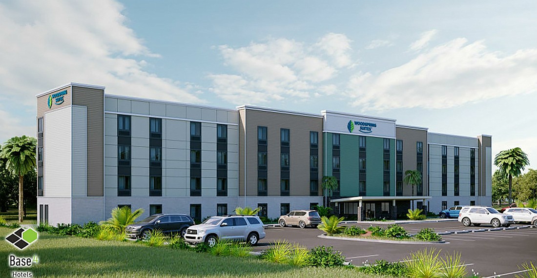 A rendering of the 122-room WoodSpring Suites extended-stay hotel proposed at southeast Baymeadows Road and Interstate 295.
