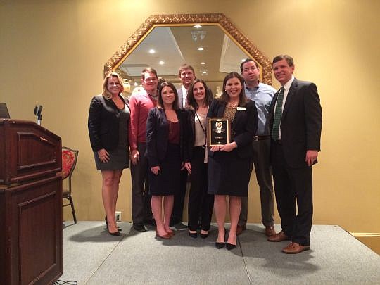 From left, are Ashley Sybesma, 16th Circuit representative of the Young Lawyers Division; Adam Edgecombe, Jessica Mathis, Ryan Hyde, Lindsay Tygart and Christian George, members of The Jacksonville Bar Association YLS; and Gordon Glover, president of ...