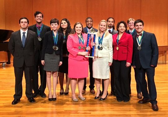 Members of the Florida State College at Jacksonville's Blue Wave Forensics Team are, from left, CJ Andrews, Julian Lopez, Madeline Windsor, Angi Barnard, Samantha Radomski, Adonis Lane, Kristen Karlik, Saman Jaberi, Nicki Ercolino, Jimmy Henson and Ch...