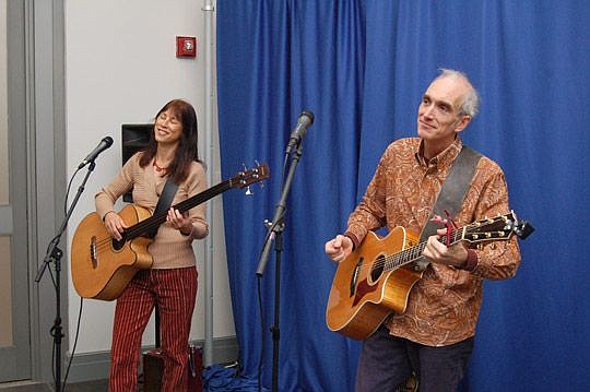 Christine Stay and Aidan Quinn are Friction Farm, the folk duo that performed Wednesday at the Main Library for Lunch @ The Lounge.