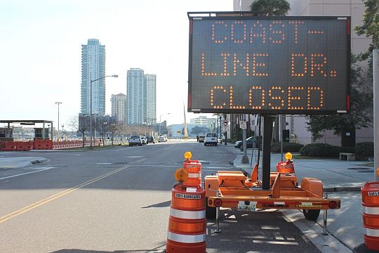 The stretch of Coastline Drive in front of the Hyatt Regency Jacksonville Riverfront was closed this afternoon due to deterioration.