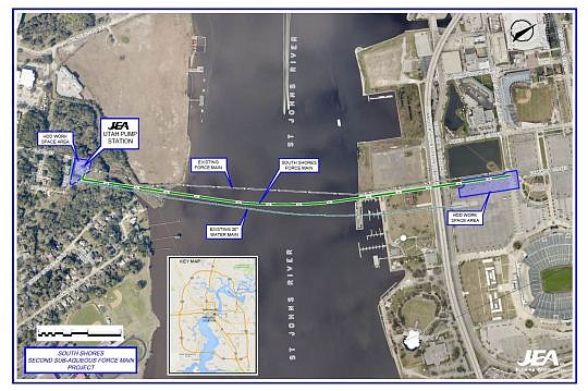 A new sewer line is being installed beneath the St. Johns River between the Sports Complex and St. Nicholas. The project will cost $12 million.